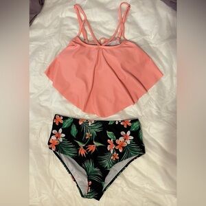 Tropical Floral Bikini Set - Coral and Black